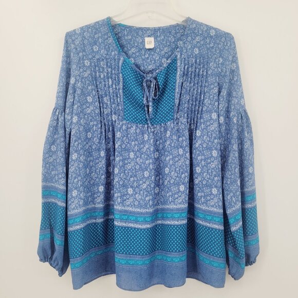 GAP Blue Floral Print Peasant Cottage Core Boho Top - Picture 2 of 11